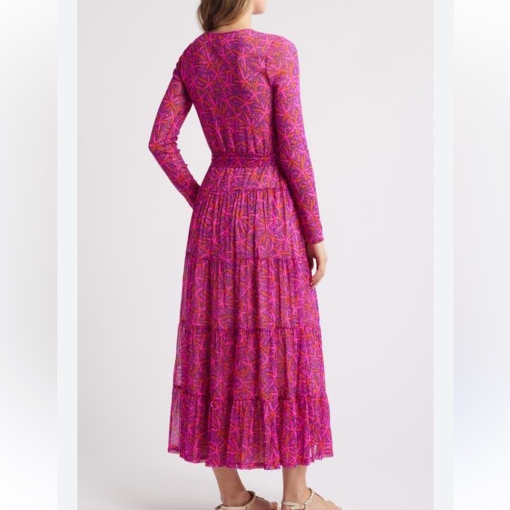 NWT Lilly Pulitzer Izabella Print Long Sleeve Tiered Maxi In Passion Fruit Pink